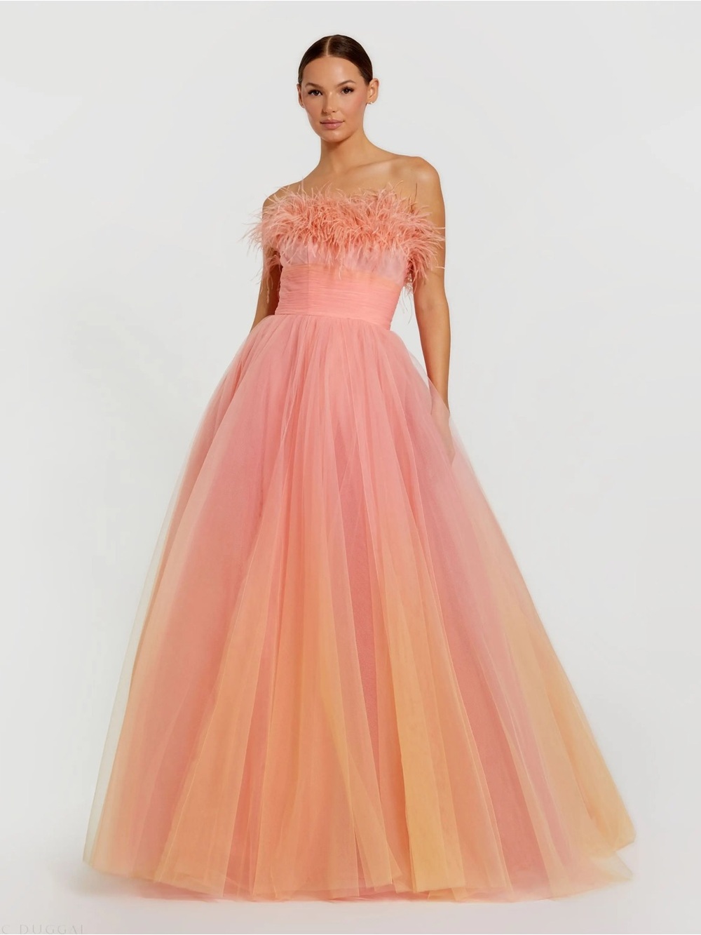 Mac Duggal Coral Ombre Strapless Feather Bodice Tulle Gown Size 4 $698